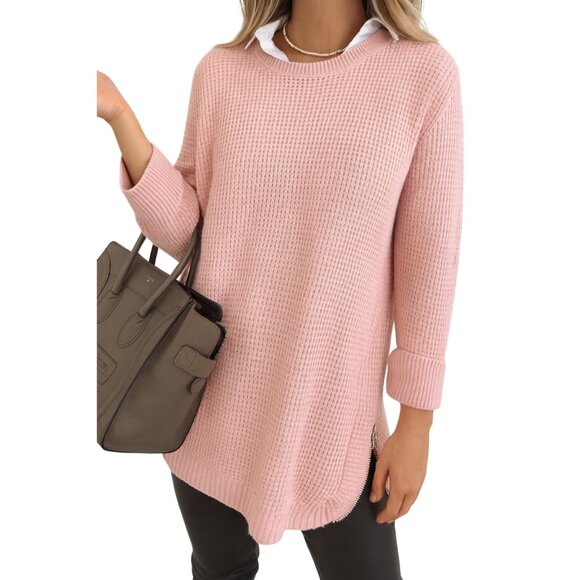 NWT Dakini  Relaxed Fit Crochet Waffle Knit Sweater Tunic With Zip Sides - Picture 1 of 8